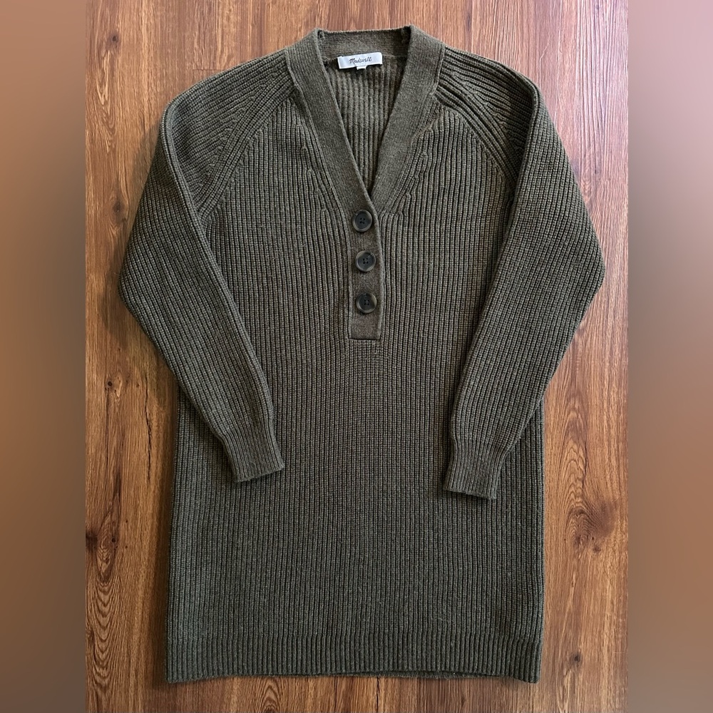 Madewell Merino Wool Blend Olive Ribbed Henley Quarter Button Sweater Dress